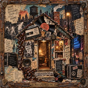 A vibrant mixed-media collage depicts a makeshift house assembled from vinyl records, cassette tapes, concert posters, and weathered wood. Against a gritty urban skyline, amber windows and neon lights radiate warmth. Torn maps, musical memorabilia, and curling magnetic tape create nostalgic energy, enclosed within a rustic, instrument-inspired frame.