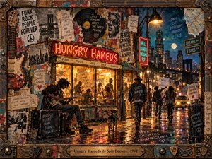 A vibrant mixed-media collage captures a bustling nighttime street, where a neon-lit cafe glows beside a guitarist and wandering figures. Torn posters, photographs, and handwritten scraps layer the cityscape beneath a moonlit teal sky. Amber reflections shimmer across wet pavement, while a weathered guitar-themed wooden frame evokes playful, restless 1990s energy.