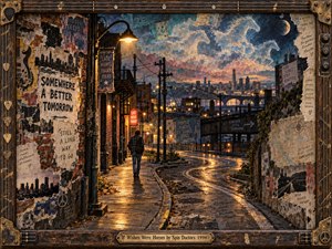 A lone traveler follows a rain-glossed, winding city street beneath spectral horses drifting through twilight clouds. Torn posters, handwritten hopes, and glowing windows layer the gritty collage with melancholy and possibility. Amber streetlights contrast with blue and rose skies, while a weathered guitar-inspired wooden frame encloses the nostalgic scene.