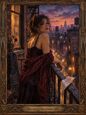 A wistful woman draped in burgundy glances back from a weathered fire escape overlooking a glowing city at dusk. Amber streetlights shimmer beneath violet-orange clouds, while a wilted rose, guitar case, and fluttering note suggest longing. Rich oil-painted textures glow inside an ornate, guitar-inspired wooden frame.