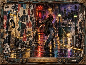 A defiant figure recoils from a glowing cable winding through a rain-soaked city alley. Torn posters, a weathered payphone, subway stairs, and neon reflections evoke gritty 1990s nightlife. Rich teal, amber, red, and purple illuminate the layered mixed-media collage, enclosed by a distressed metallic frame with musical hardware.