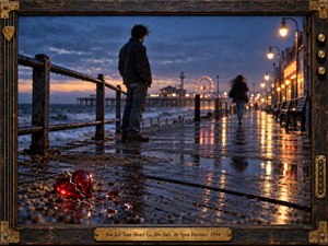A cracked red glass heart rests on a rain-soaked seaside boardwalk as a solitary man watches a blurred figure depart. Amber streetlights and distant carnival lights shimmer across wet planks beneath a deep blue twilight sky. Cinematic film grain evokes wistful melancholy within a weathered wooden frame with brass fittings and engraved title plate.