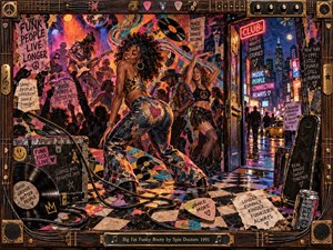 A joyful dancer commands a crowded 1990s funk club, surrounded by musicians, spinning records, and glowing neon streets. Torn posters, paint splashes, and checkerboard tiles create a vibrant mixed-media collage. Electric pink, orange, teal, and purple illuminate the energetic scene, enclosed within an ornate guitar-inspired wooden frame.