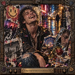 A tearful man throws his head back in laughter amid torn concert posters and a rain-soaked neon street. Crimson, amber, and electric blue reflections illuminate a gritty mixed-media collage. A cracked mirror reveals sorrow beneath his joy, while a wilted rose and guitar-inspired metal frame deepen the bittersweet mood.