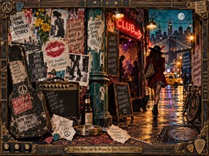 A confident woman in a burgundy coat strides past a glowing nightclub on a rain-slick New York street. Torn posters, guitar gear, and handwritten slogans create a playful 1990s collage. Amber neon reflects against deep teal shadows beneath a moonlit skyline, while an ornate, guitar-inspired frame completes the rebellious scene.