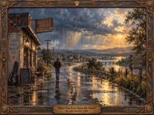 A lone traveler walks along a rain-soaked road winding through a quiet town toward distant hills. Storm clouds release silver rain as golden sunlight illuminates reflective puddles and a winding river. This nostalgic oil painting blends melancholy and hope, surrounded by weathered wood, guitar motifs, and an engraved bronze title plate.