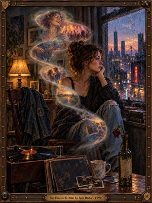 A wistful woman sits beside a rain-streaked city window, lost in thought as luminous, S-shaped memories of music and happier days drift around her. Warm amber lamplight contrasts with cool blue twilight, illuminating vinyl records, faded photographs, and a wilted rose. Rich painterly textures and an ornate bronze-trimmed frame deepen the nostalgia.