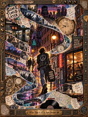 A lone musician walks along a rain-slick city street beneath glowing neon signs and amber streetlights. Sweeping ribbons of torn photographs, clocks, maps, and handwritten memories create a dynamic S-shaped composition. Rich violet, copper, and teal tones illuminate this nostalgic mixed-media collage, surrounded by an ornate brass-and-guitar frame.