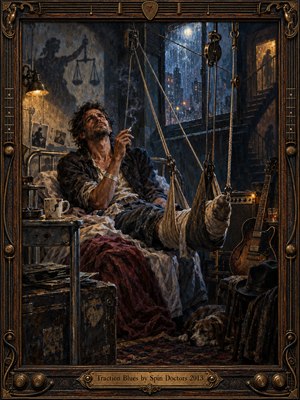 A weary, injured man reclines beneath suspended pulleys in a shadowy hospital room, cigarette smoke curling toward a rain-streaked city window. Rich oil textures blend midnight blues, tarnished bronze, and amber lamplight. A resting dog, vintage guitar, and ornate musical frame deepen the gritty, melancholic blues atmosphere.