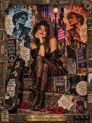 A smiling woman in lace tights and leather boots sits on a graffiti-covered city stoop between two contrasting portraits. Torn posters, roses, a guitar case, and vinyl records suggest playful romantic choices. Warm streetlights illuminate purple dusk, while vibrant reds, teals, and golds enrich the nostalgic mixed-media collage and ornate musical frame.