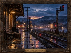 A solitary traveler waits beneath a weathered station awning as a train streaks past rain-soaked tracks at twilight. Amber lamps shimmer in puddles beneath stormy blue hills, while a red signal glows above the rails. Cinematic photographic detail, drifting mist, and a rugged wood-and-metal frame create a wistful, restless atmosphere.