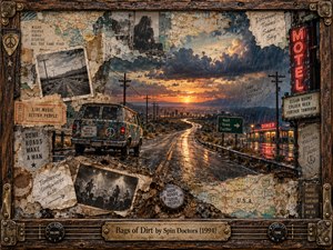 A weathered blue van faces a winding rain-soaked highway beneath a fiery sunset and brooding storm clouds. Torn maps, faded concert photographs, roadside signs, and motel neon surround the scene in a gritty mixed-media collage. Rusted hardware and guitar-inspired details frame its restless, nostalgic atmosphere in earthy browns and glowing amber.