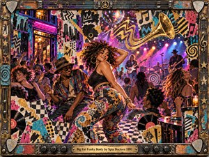 A jubilant dancer commands a crowded 1990s funk club as musicians perform beneath neon spotlights and a mirrored disco ball. Torn posters, vinyl records, checkerboard patterns, and swirling brass motifs create a textured collage in magenta, teal, and gold. Weathered guitar hardware frames the exuberant, rhythmic scene.