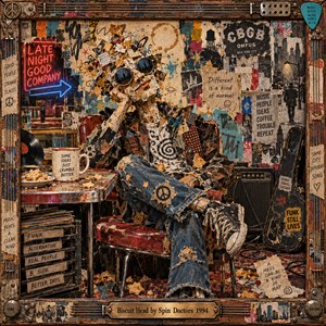 A sunglasses-wearing figure assembled from torn posters lounges in a battered red chair inside a gritty late-night music den. Neon signs illuminate coffee cups, scattered crumbs, vinyl records, and a guitar case. Warm ochre, rusty red, and faded teal textures create playful urban chaos, enclosed by an ornate, instrument-inspired frame.