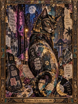 A regal, green-eyed cat adorned with golden Egyptian jewelry surveys a moonlit city alley filled with neon signs, weathered posters, and ancient symbols. Rich collage textures blend indigo, violet, teal, and tarnished gold under atmospheric streetlights. An ornate metallic frame completes this mysterious, playful, and richly detailed composition.