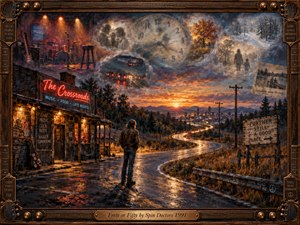 A solitary traveler stands beside a weathered roadside music club, watching a winding highway glow beneath a dramatic sunset. Ghostly memories, changing seasons, and a fading clock drift across the sky. Rich amber, crimson, and indigo tones create a nostalgic atmosphere in this detailed oil painting, enclosed by an ornate guitar-inspired frame.