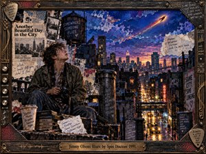A wistful young photographer sits on a cluttered rooftop, gazing toward a fiery streak crossing the violet evening sky. Below, golden city lights shimmer on rain-soaked streets. Torn headlines, handwritten notes, and gritty photographs form a nostalgic mixed-media collage, enclosed by a weathered, instrument-inspired frame and engraved brass title plate.