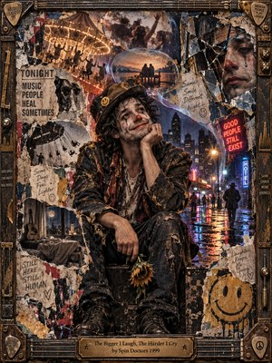 A weary, clown-painted drifter sits holding a wilted sunflower, smiling through sorrow amid a rain-slick neon city. Torn posters, carnival lights, floating memories, and fractured reflections surround him in a gritty, nostalgic collage. Amber, rust, and electric blue glow against deep shadows, enclosed by a weathered guitar-inspired brass-and-wood frame.