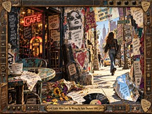 A confident woman strides down a sunlit 1990s city street past a glowing cafe, layered posters, and weathered storefronts. Torn notes, scattered flowers, vinyl records, and mirrored fragments suggest playful defiance. Warm amber light illuminates turquoise and crimson mixed-media textures, enclosed within a distressed guitar-themed wooden frame.