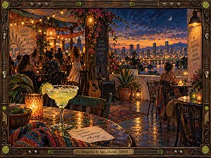 A vibrant oil painting captures a lively rooftop cantina overlooking a glowing city skyline at twilight. A lime garnished margarita anchors the foreground, while laughing guests and a solitary woman evoke celebration and longing. Amber lanterns, indigo skies, textured brushwork, and an ornate guitar inspired wooden frame create nostalgic warmth.
