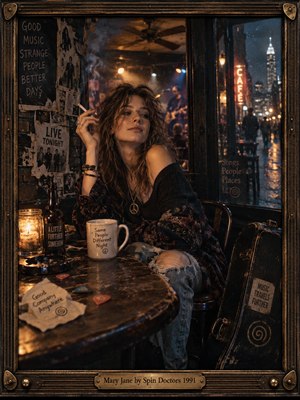 A tousled-haired woman lounges in a dim, smoky music cafe, cigarette raised beside a candlelit table scattered with guitar picks and weathered keepsakes. Amber lamplight contrasts with rain-blue city reflections beyond the window. Grainy cinematic photography evokes 1990s bohemian nightlife, enclosed by a guitar-inspired bronze frame and engraved title plate.