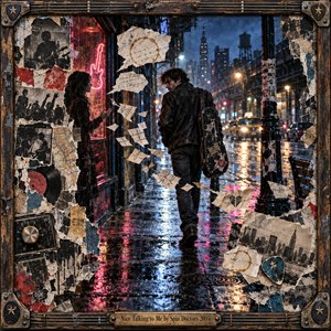 On a rain-soaked city street, a musician turns away from a woman beneath a glowing guitar sign. Torn notes and faded concert posters swirl between them, suggesting fractured conversation. Neon pink, midnight blue, and amber reflections animate the gritty mixed-media collage, enclosed by a weathered guitar-string frame and engraved brass plate.
