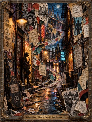 A rain-soaked city alley glows with amber streetlamps and electric neon, its winding path framed by torn posters, handwritten scraps, and weathered brick. A lone saxophonist stands beside a battered guitar case as distant figures drift toward skyscrapers. Rich mixed-media textures, blue shadows, and bronze guitar-string framing evoke restless urban survival.