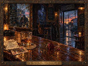 A rain-soaked blues bar glows with amber light against a cool twilight street. On the scarred wooden counter, whiskey, a wilted rose, a ring, and playing cards evoke betrayal. A guitar and empty microphone stand deepen the loneliness, while blurred lovers appear in cracked glass. Textured oil painting and ornate brass framing complete the scene.