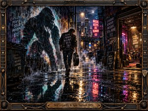 A lone musician walks through a rain-soaked alley beneath a towering gorilla mural. Neon magenta, teal, and amber reflections illuminate wet pavement, graffiti-covered brick, and drifting steam. The gritty, cinematic digital artwork captures rebellious rock energy, framed by intricate metallic guitar hardware and an engraved brass title plate.