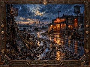 A rain-soaked road winds past a glowing blues club beneath turbulent twilight skies. Muddy tire tracks, a weathered guitar case, and an old truck evoke hardship and perseverance. Rich indigo shadows contrast with warm amber reflections. Expressive oil painting textures and an ornate guitar-themed bronze frame create a soulful, atmospheric scene.