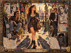 A confident young woman strolls between two admiring men on a lively 1990s city street. Golden sunset light illuminates colorful posters, crowned shadows, vintage records, and urban architecture. Warm amber, denim blue, and earthy tones enrich the playful mixed-media collage, framed by ornate guitar hardware and an engraved title plate.