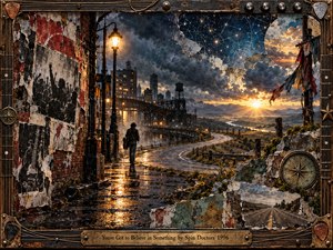 A lone traveler walks from a rain-soaked city toward a winding road and glowing horizon. Torn concert posters, constellation markings, and a weathered compass enrich the gritty mixed-media collage. Stormy blues and rusty reds contrast with golden sunlight, while a guitar-inspired bronze frame reinforces the hopeful search for purpose.
