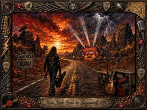 A lone rocker carrying a guitar case walks a cracked desert highway toward a glowing roadhouse beneath a fiery sunset and lightning-filled sky. Rich reds, oranges, charcoal, and metallic tones create a gritty acrylic-paint atmosphere. Amplifier cliffs, guitars, road cases, neon lights, and an ornate rock-themed frame reinforce the rugged journey.