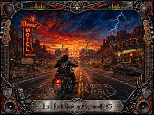 A lone biker rides a gleaming motorcycle down a desert highway toward a distant rock concert glowing beneath a fiery sunset and lightning-streaked sky. Rich reds, oranges, deep blues, and chrome highlights create an electrifying mood. Detailed acrylic-style painting, neon roadside signs, guitars, speakers, chains, and a rugged metallic frame complete the rebellious composition.