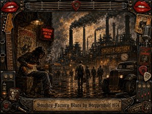A brooding rock-blues scene shows a lone guitarist smoking beside a rain-slick industrial street as factory workers trudge toward a towering smokestack complex. Painted in dark sepia, rust, and amber tones, the composition glows with smoky light and gritty atmosphere, enclosed by an elaborate music-themed frame and an engraved Steppenwolf title plate.