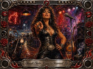 A fearless woman commands a smoky neon roadhouse, pointing confidently toward the viewer amid guitars, speakers, a motorcycle, and glowing stage lights. Rich reds, blacks, purples, amber, and chrome create a fiery nighttime mood. Thick painterly textures, dramatic lighting, roses, red lips, flames, and metallic rock motifs complete the ornate framed composition.