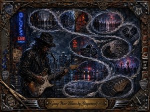 A lone blues-rock guitarist performs on a rain-soaked city street beneath glowing neon signs, surrounded by smoky S-curved vignettes of unrest, motorcycles, crowds, police lights, graffiti, and broken strings. Deep blues, charcoal, rust, and red reflections create a tense, mournful mood within a rugged industrial mixed-media frame.