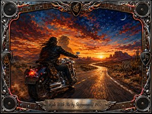 A lone motorcyclist rides a winding desert highway toward a blazing sunset, accompanied by a ghostlike companion in the wind. Fiery oranges and crimson fade into starry cobalt twilight, creating a rebellious, romantic mood. Expressive oil-paint textures, chrome reflections, Route 66 imagery, and an ornate guitar-inspired frame complete the dramatic composition.