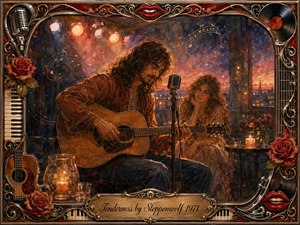 A soulful guitarist performs in a warmly lit, intimate 1970s setting while a woman watches with quiet affection. Amber, rose, bronze, and twilight blue tones create a tender, nostalgic mood. Watercolor-gouache textures soften the scene, surrounded by ornate roses, instruments, vinyl details, musical flourishes, and an engraved title plate.