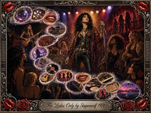 A commanding female rock singer stands beneath fiery stage lights, surrounded by musicians, dancers, and a smoky 1970s club atmosphere. Glowing feather-edged bubbles sweep in an S-curve through guitars, records, roses, red lips, and road imagery. Deep crimson, gold, violet, and chrome tones enrich the ornate mixed-media rock poster style.