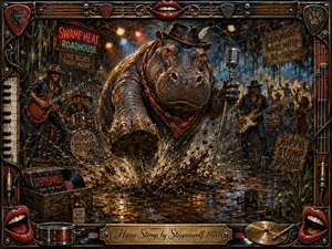 A swaggering hippopotamus stomps through a muddy swamp roadhouse, gripping a vintage microphone as a blues-rock band performs behind him. Warm amber stage lights, smoky blues, earthy browns, and vivid reds intensify the energetic acrylic style. Splashing water, dancing crowds, instruments, vinyl records, and an ornate music-themed frame complete the playful scene.