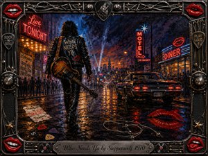A lone leather-clad rocker walks down a rain-slicked neon street, guitar slung behind him, embodying defiance and independence. Deep blues, smoky purples, fiery reds, and amber reflections create a rebellious nighttime mood. Expressive acrylic textures, glowing signs, scattered picks, broken strings, red lips, and an ornate metallic frame complete the scene.