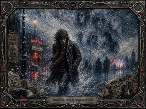 A solitary young man trudges through a swirling winter night, surrounded by ghostly faces dissolving into snow and distant rock-club lights. Cold blues, grays, and whites contrast with crimson and amber accents. Expressive mixed-media brushwork, wet reflections, torn posters, and an ornate metallic rock-themed frame create a haunting, melancholic atmosphere.