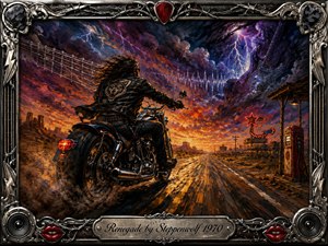 A lone motorcyclist races down a desert highway beneath a violent sunset storm, embodying restless freedom and rebellion. Fiery oranges, deep purples, electric blues, and lightning illuminate the acrylic-style scene, while guitar imagery and sound waves merge with the clouds. An ornate chrome rock-themed frame surrounds the dramatic composition.