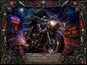 A fierce hog-inspired motorcycle charges through a neon-lit desert highway beneath a stormy midnight sky, ridden by a shadowy outlaw. Deep blues, crimson, orange, and chrome highlights create a rebellious, high-energy mood. Expressive painted textures, flying sparks, glowing roadhouses, skulls, flames, speakers, and rock memorabilia enrich the ornate metallic frame.