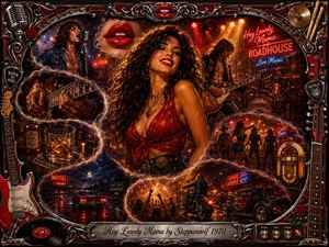A glamorous red-lipped woman anchors a vivid 1970s roadhouse collage, surrounded by musicians, guitars, neon signs, whiskey, motorcycles, hot rods, and cheering crowds. Fiery reds, amber light, deep blues, chrome reflections, and smoky highlights create a sultry, energetic mood within an ornate rock-and-roll frame.