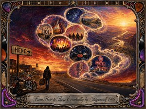 A lone traveler and motorcycle stand beside an open highway beneath a fiery sunset, while glowing feathered bubbles curve upward in an S-shaped journey. Guitars, records, concerts, highways, and motel signs drift through cosmic clouds toward a radiant horizon. Rich oranges, violets, blues, and golds create a nostalgic psychedelic-rock atmosphere.