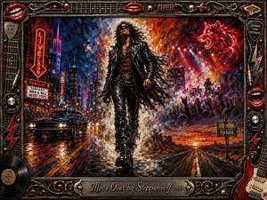 A defiant leather-clad rocker strides through a blazing fusion of neon city streets, concert chaos, and open highway. Fiery reds, electric blues, smoky whites, and chrome highlights create urgent motion beneath dramatic stage lighting. Expressive acrylic brushwork, cheering silhouettes, guitars, speakers, neon signs, and an ornate rock-themed frame amplify the rebellious mood.