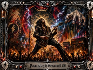 A commanding guitarist dominates a fiery rock stage, framed by roaring amplifiers, raised crowd silhouettes, crackling lightning, and a looming wolf crowned in shadow. A giant puppet-master hand adds menace and control. Rich blacks, crimson, orange, gold, and electric blue create a dramatic, cinematic mixed-media atmosphere within an ornate metallic frame.