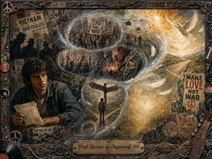 A brooding young man grips his draft notice amid shadowed officials, newspaper clippings, protest crowds, helicopters, and burning streets. A luminous S-curve of smoke and feathers leads toward conscience, peace symbols, doves, and an open golden road. Earthy browns, denim blues, rust, and warm light shape the textured mixed-media collage.